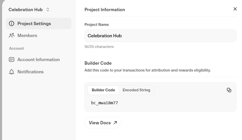 Example of a project settings page showing Celebration Hub and builder code bc_mwa18m77